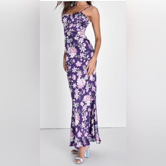 Botanical Beauty Purple Floral Print Satin
Bustier Maxi Dress - Picture 2 of 3